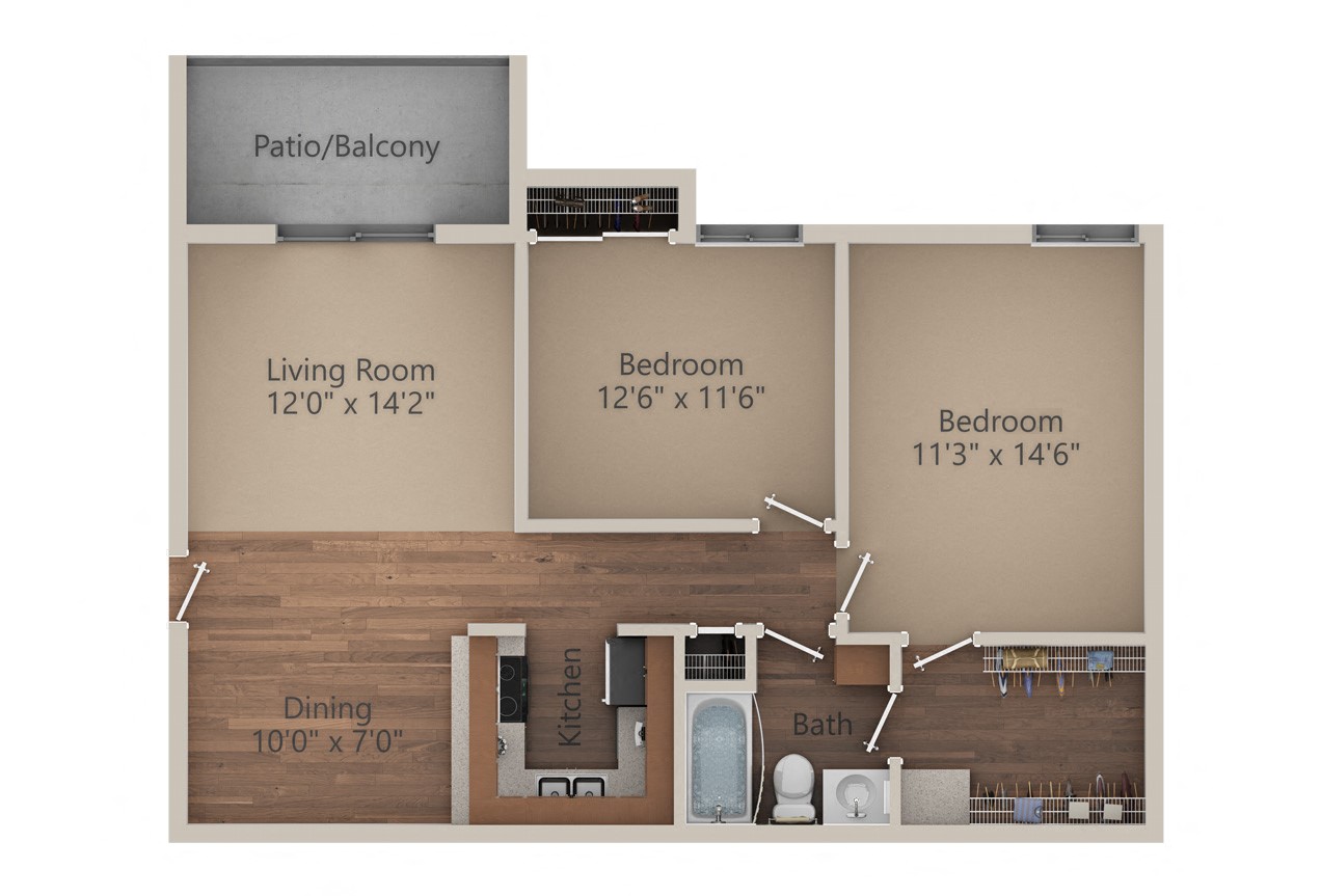Floor plan for 2 beds, 1 bath, 900 sqft